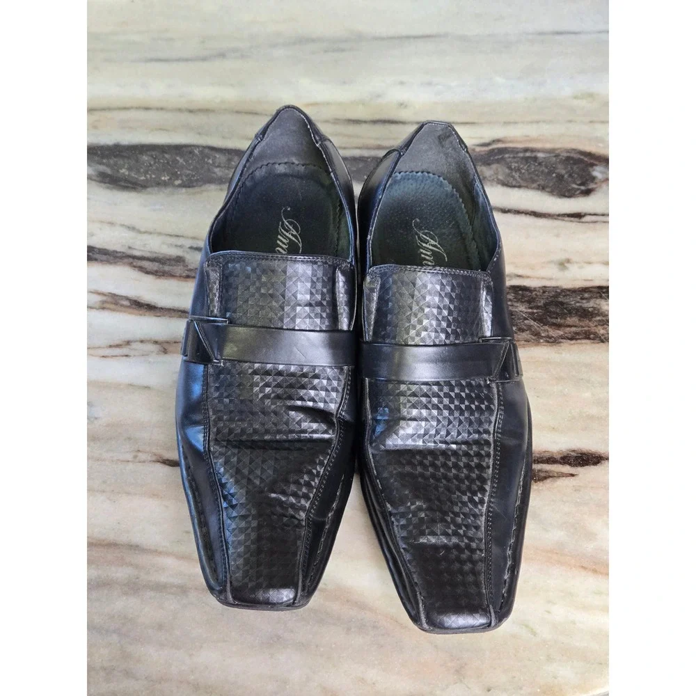 Amali Mens Black Textured Geometric Square Toe Slip‎ On Dress Loafers Shoes 7.5